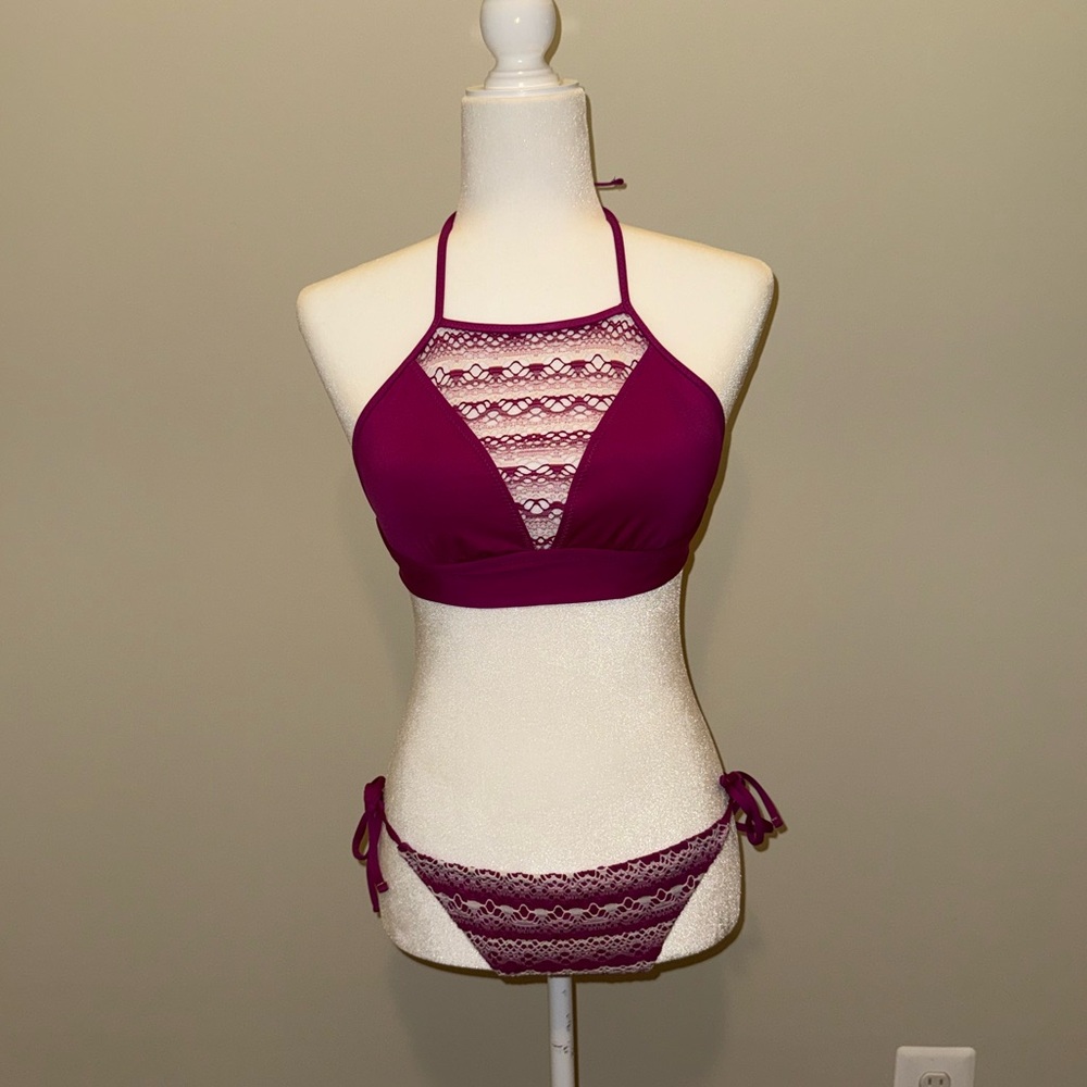 pink and white lace halter bikini set. size S